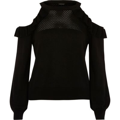Petite black knit frill cold shoulder top